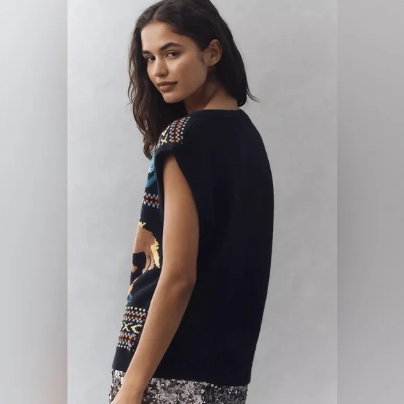 Free People Navy Horse Isles Knit Sweater Vest Medium Equestrian Cottage EUC - Picture 13 of 13